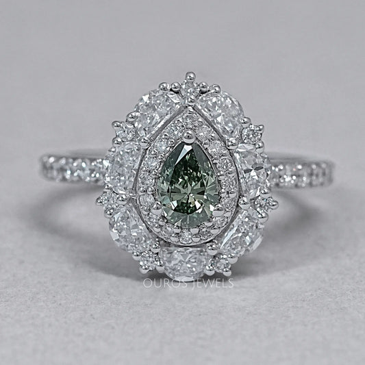 Green Pear Cut Surround Double Halo Diamond Engagement Ring Rings