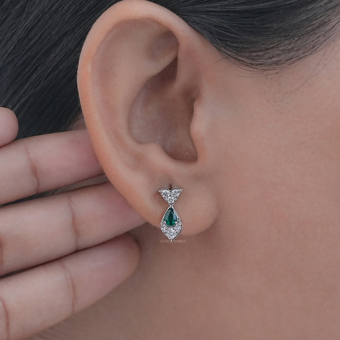 Green Pear And Round Diamond Drop Earrings