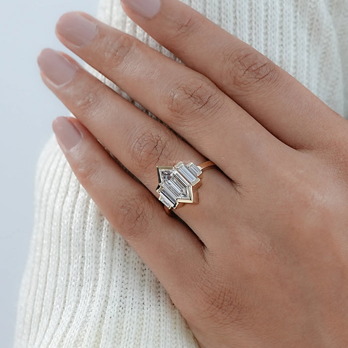 Five Stone Hexagon And Baguette Diamond Half Bezel Set Ring