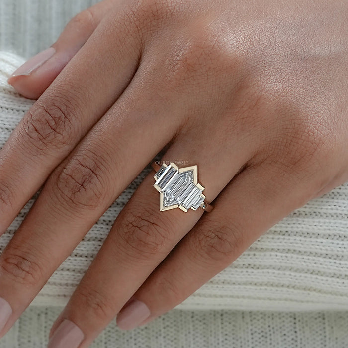 Five Stone Hexagon And Baguette Diamond Half Bezel Set Ring