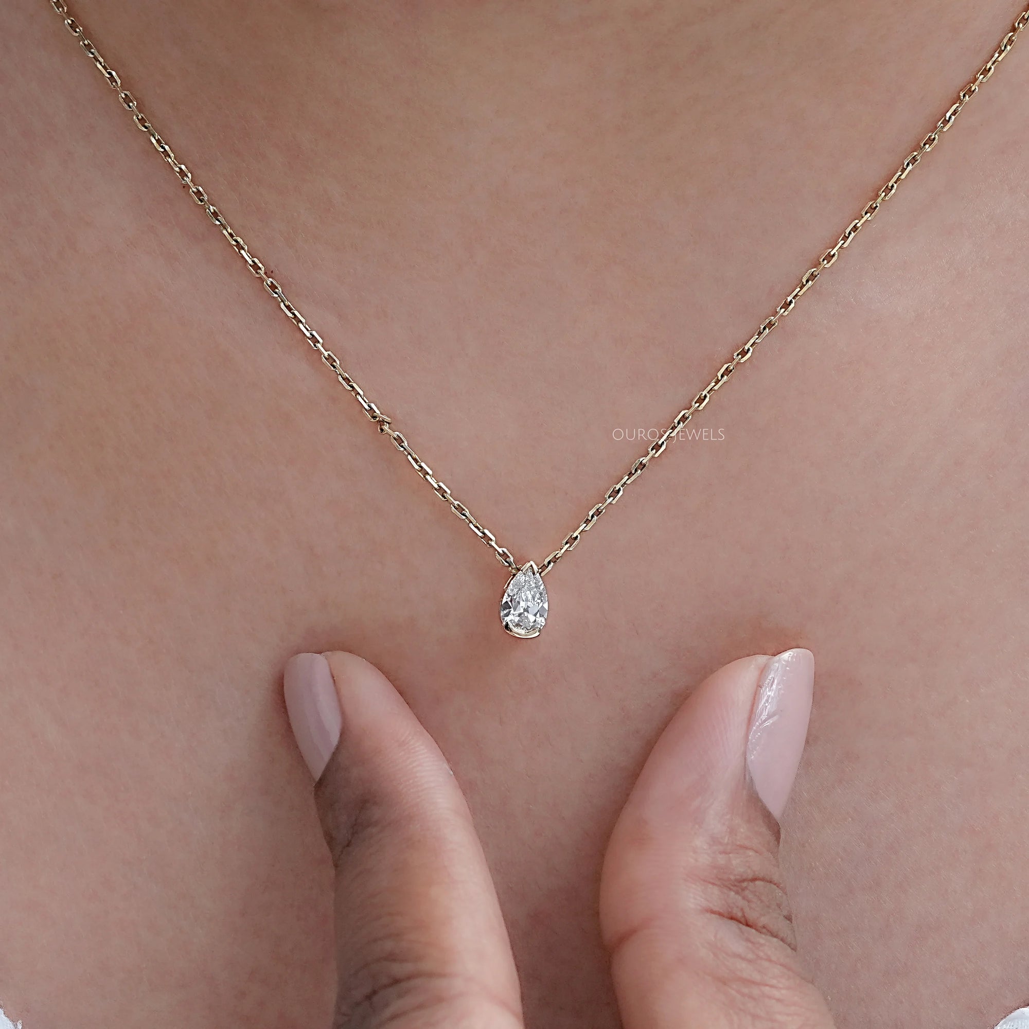 Old Mine Pear Diamond Half Bezel Solitaire Pendant Necklaces