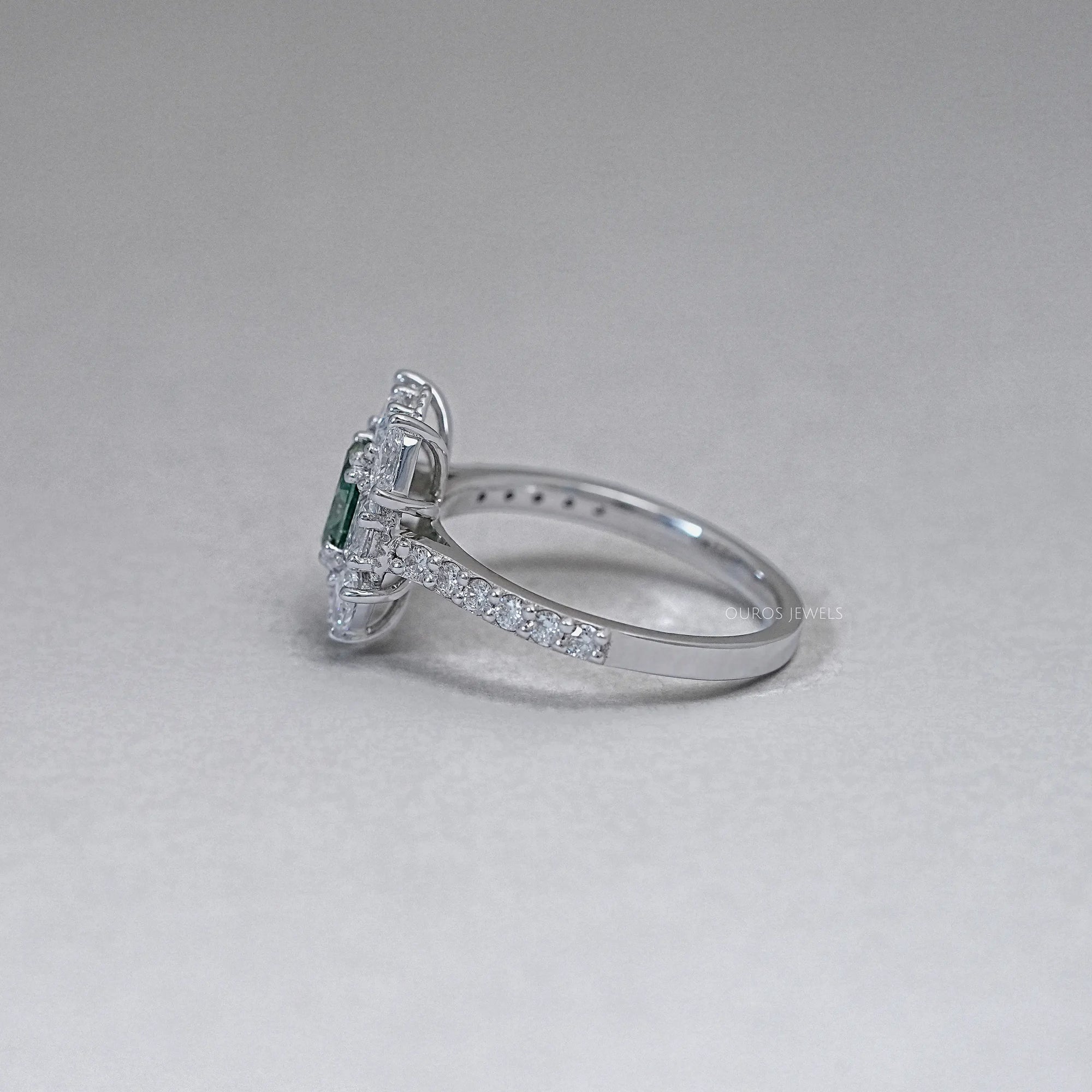 Oval Cut Green Half Moon Halo Engagement Ring Ring