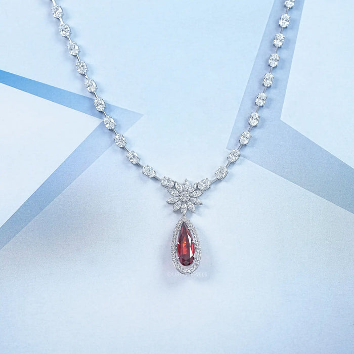 Pear Ruby & Oval Lab Diamond Bridal Necklace With Diamond Accents 