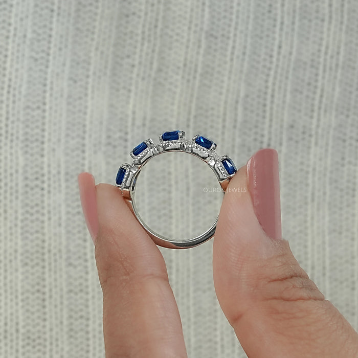 5 Stone Blue Asscher Cut Gemstone Halo Diamond Ring