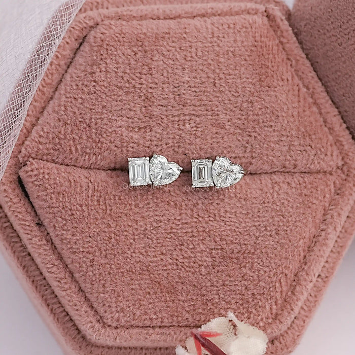 Heart And Emerald Diamond Minimal Two Stone Studs