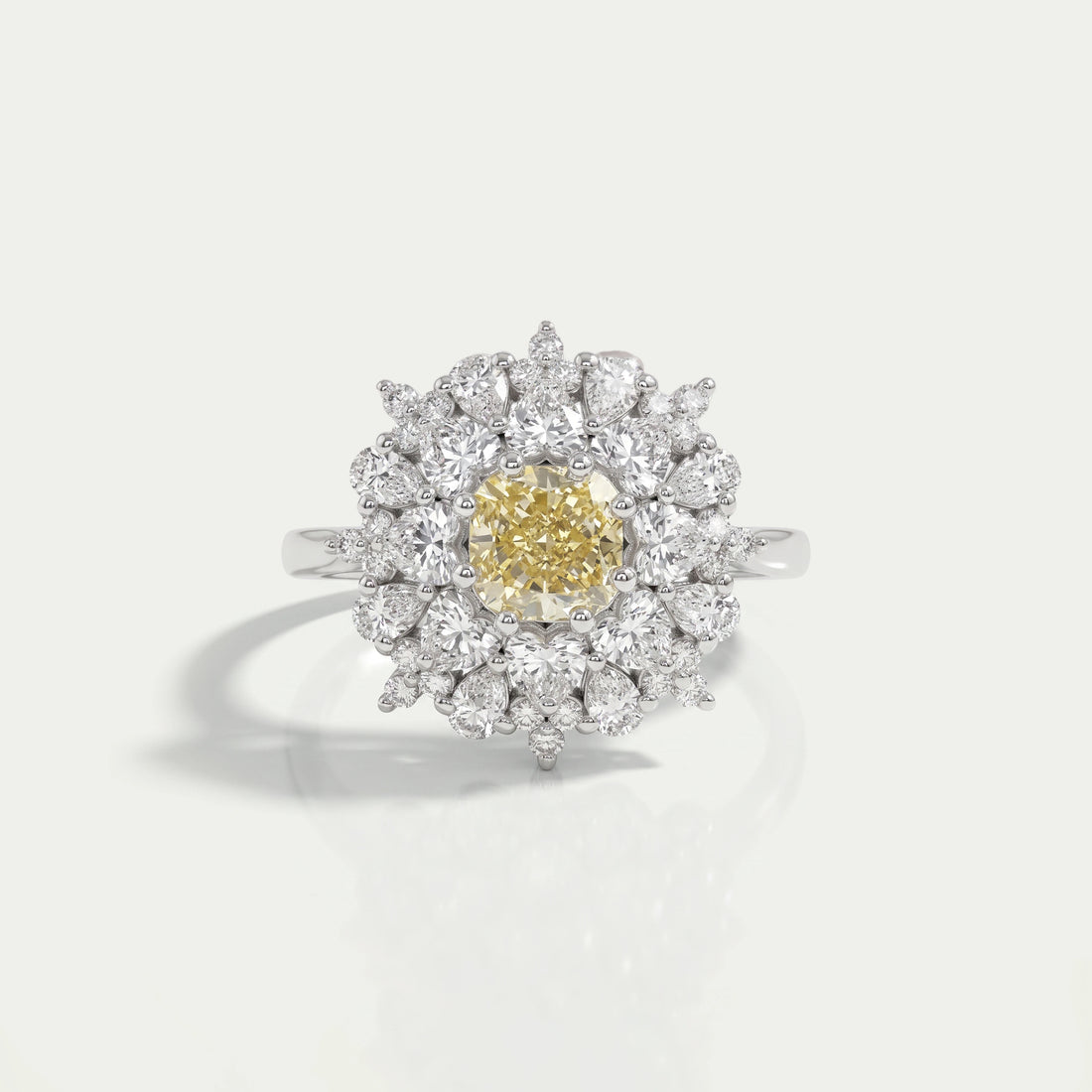 Heart And Pear Shape Halo Sunburst Ring - Cushion Shape
