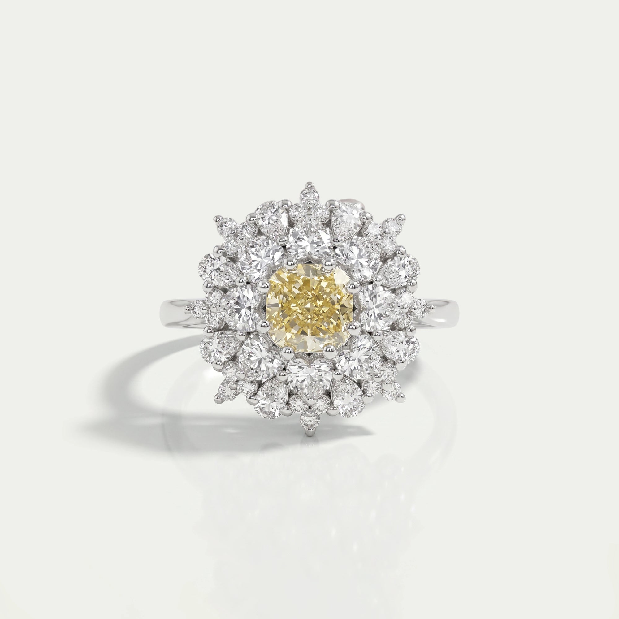 Heart And Pear Shape Halo Sunburst Ring - Cushion Shape