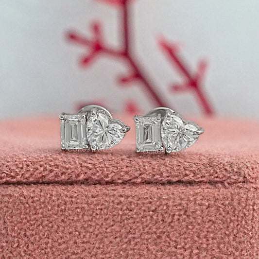 Heart And Emerald Diamond Minimal Two Stone Studs Earrings