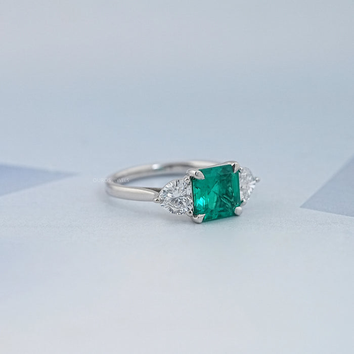 Green Asscher Gemstone Three Stone Engagement Ring