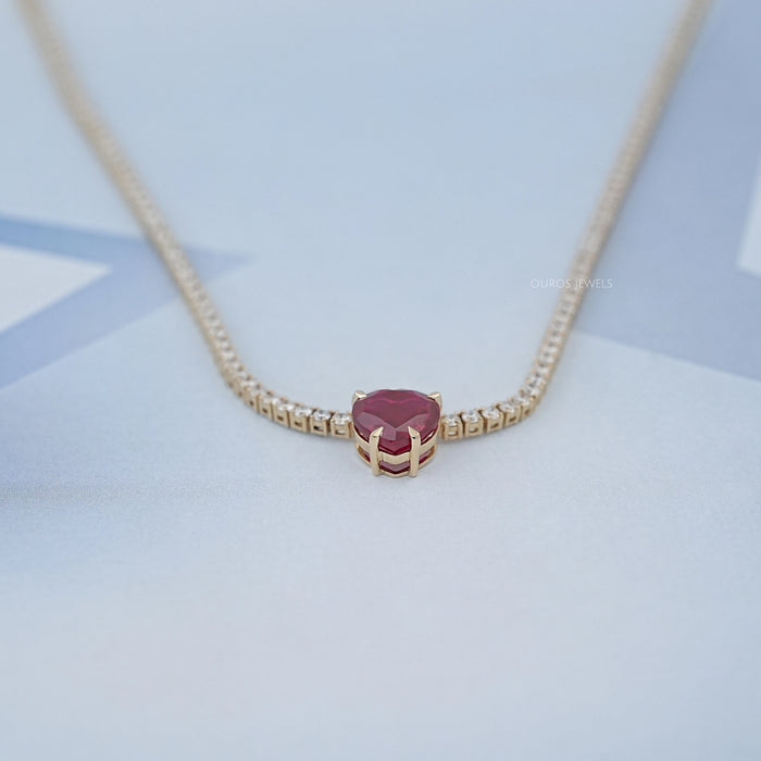 Heart Cut Ruby Gemstone And Round Lab Diamond Tennis Necklace 