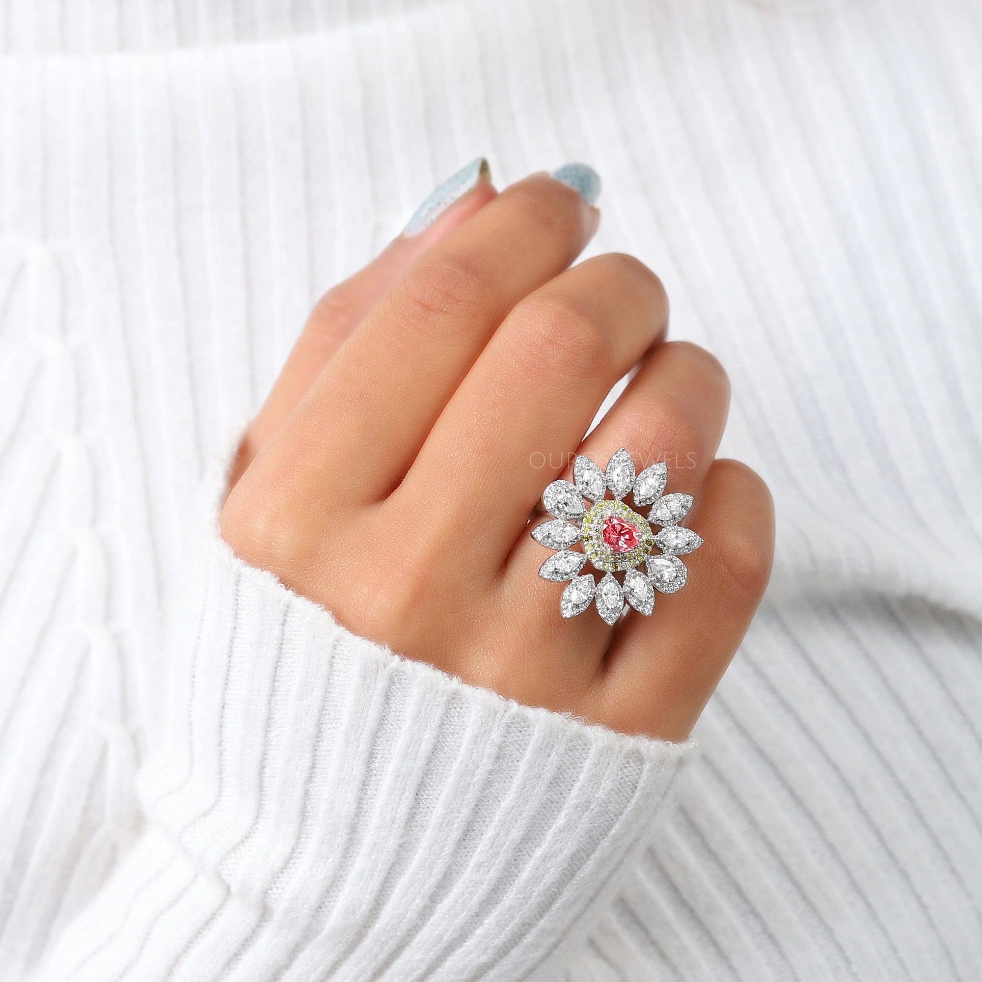 Floral Vintage Pink Heart Cut Diamond Engagement Ring