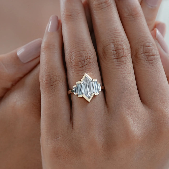 Five Stone Hexagon And Baguette Diamond Half Bezel Set Ring