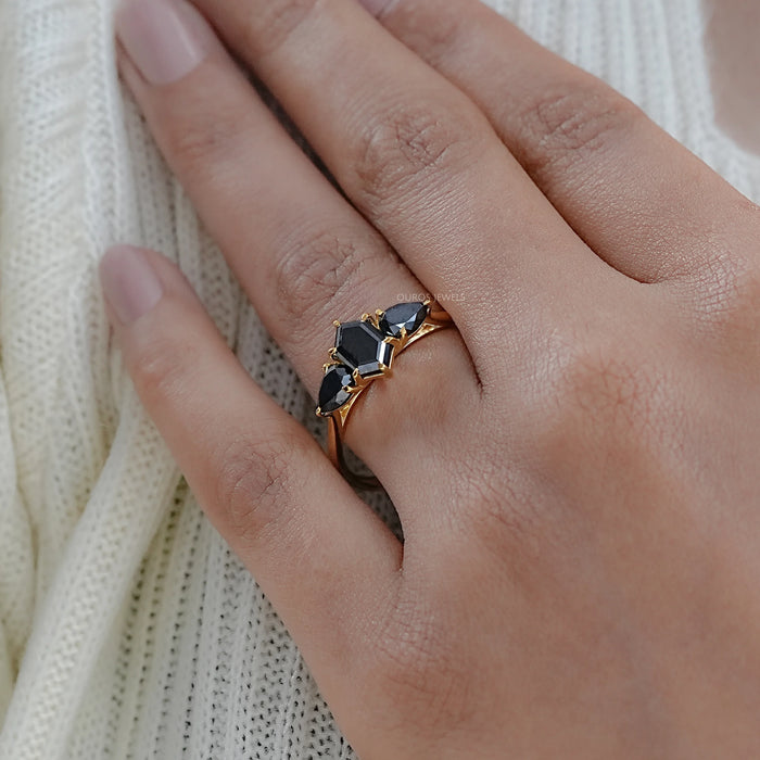 Hexagon and Pear Cut Black Lab Diamond Three Stone Ring