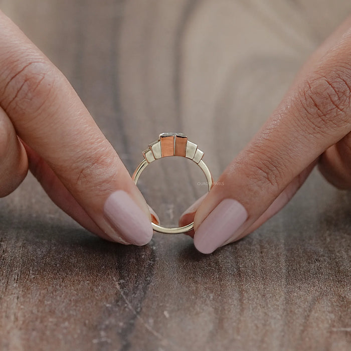 Five Stone Hexagon And Baguette Diamond Half Bezel Set Ring