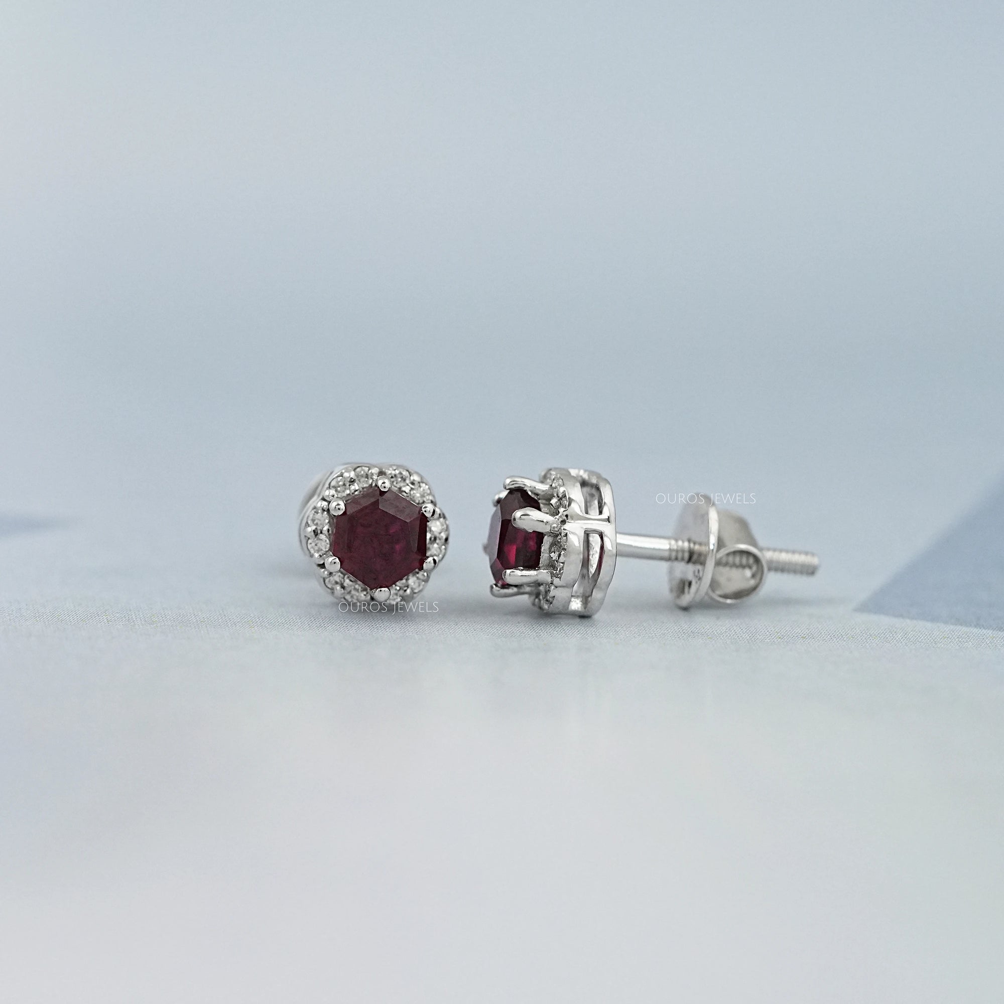 Hexagon Cut Red Ruby Gemstone Halo Stud Earrings Earring