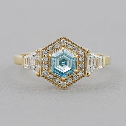 3 Stone Blue Hexagon Cut Halo Diamond Engagement Ring Ring