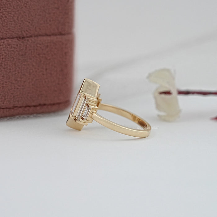 Five Stone Hexagon And Baguette Diamond Half Bezel Set Ring