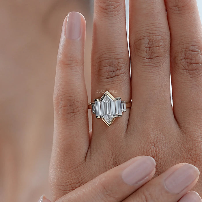 Five Stone Hexagon And Baguette Diamond Half Bezel Set Ring