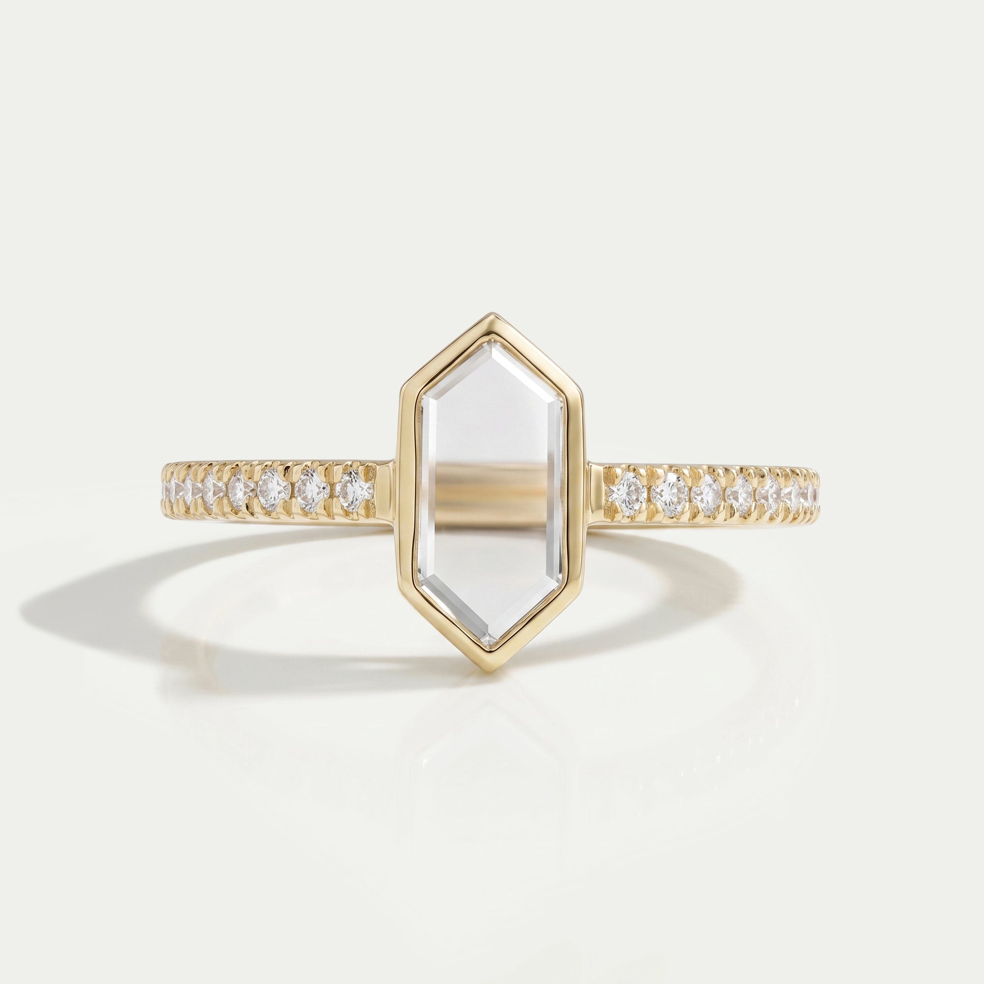 Hexagon Long Portrait Cut Diamond Solitaire Accent Ring