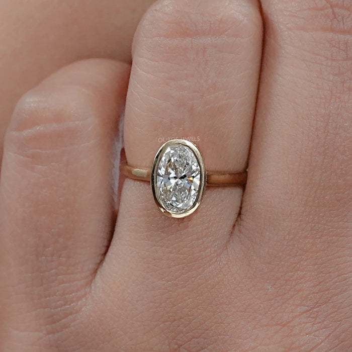 Oval Cut Lab Diamond Bezel Hidden Halo Engagement Ring