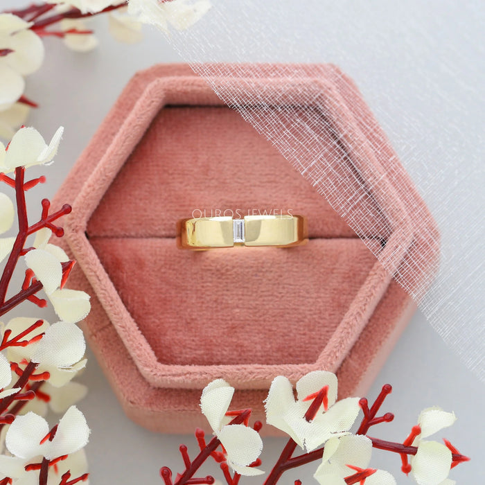 baguette cut lab diamond mens wedding band yellow gold in jewelry box