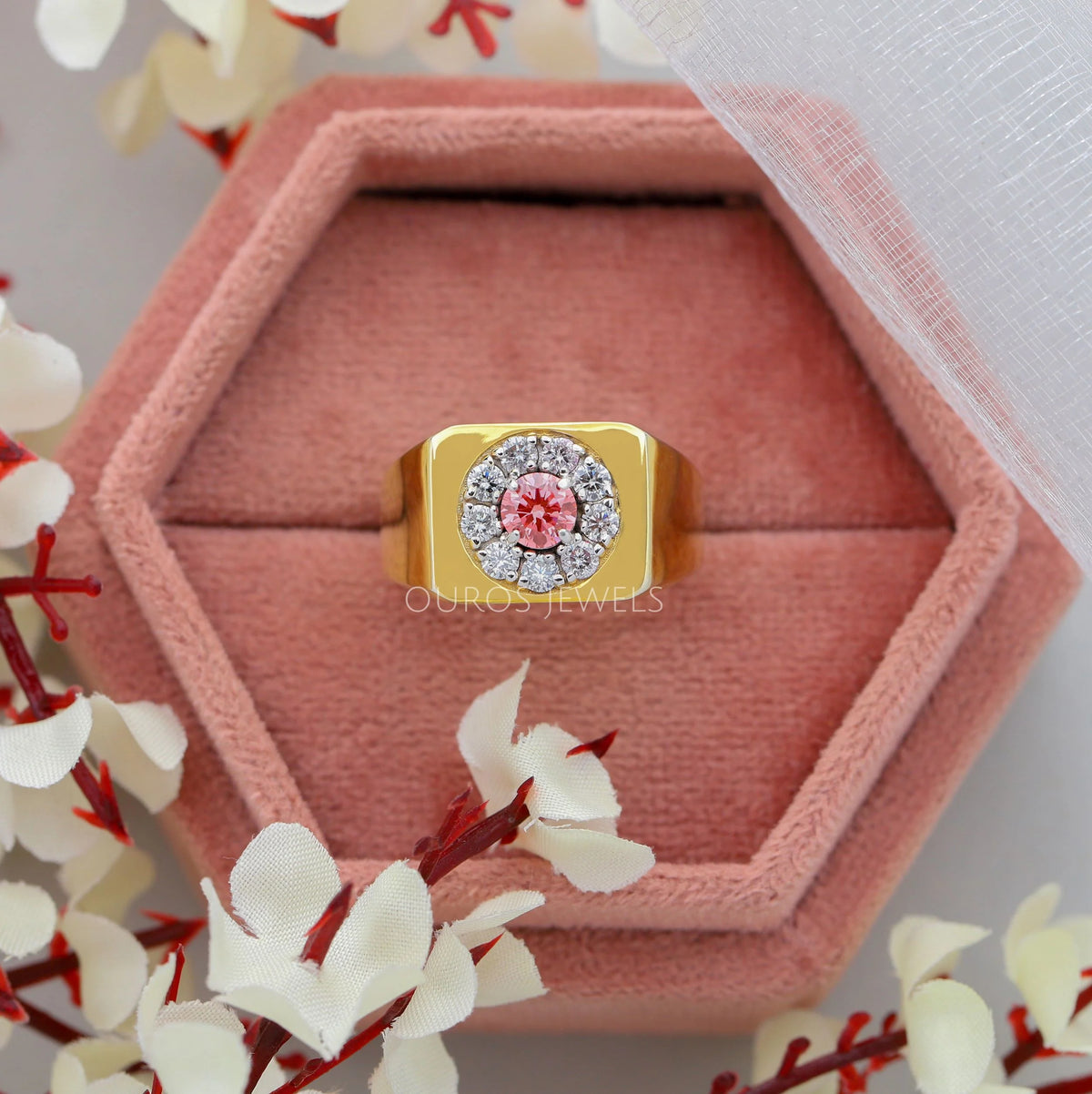 Pink Round Cut Diamond Halo Men's Ring