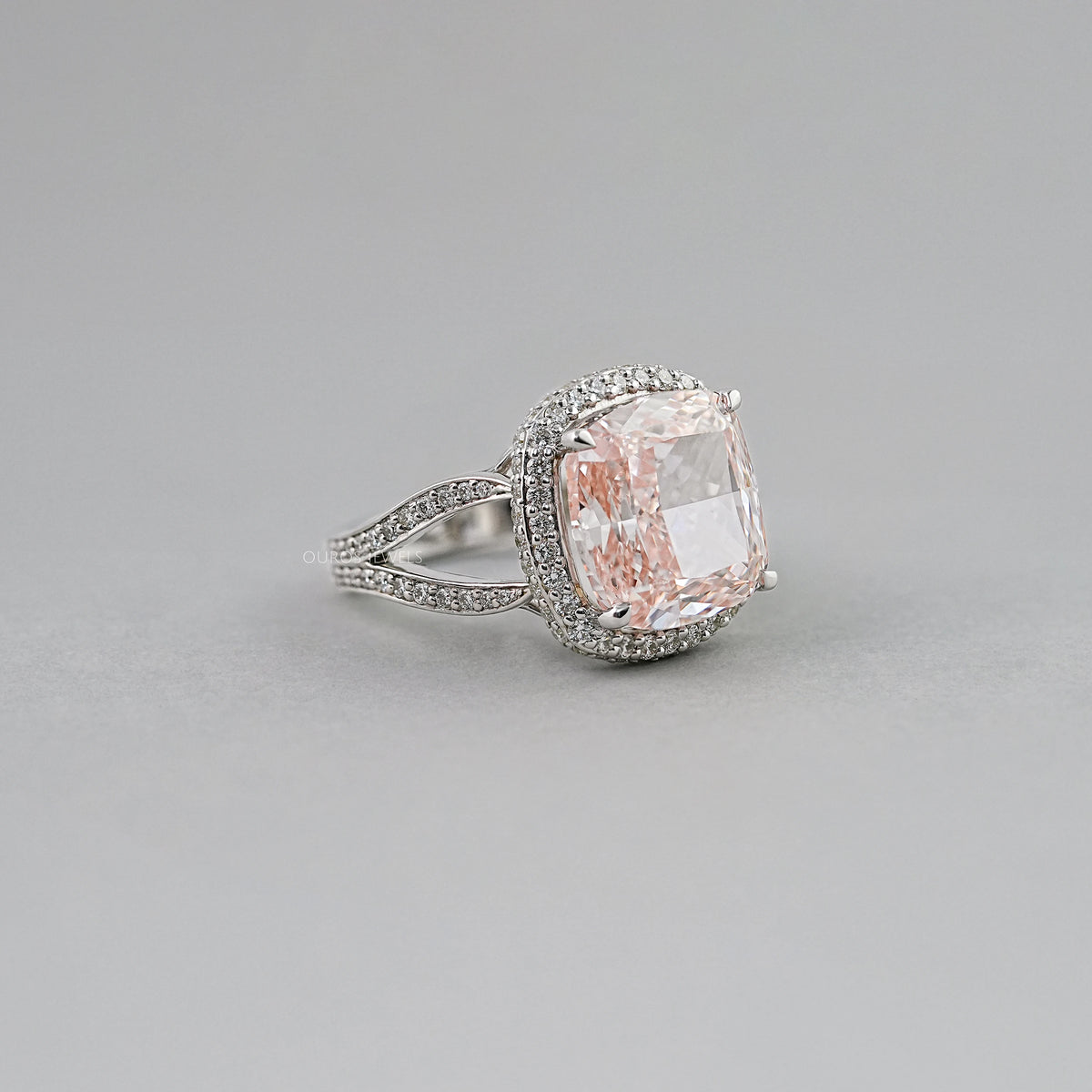 Intense Pink Cushion Lab Diamond Halo Engagement Ring Ring