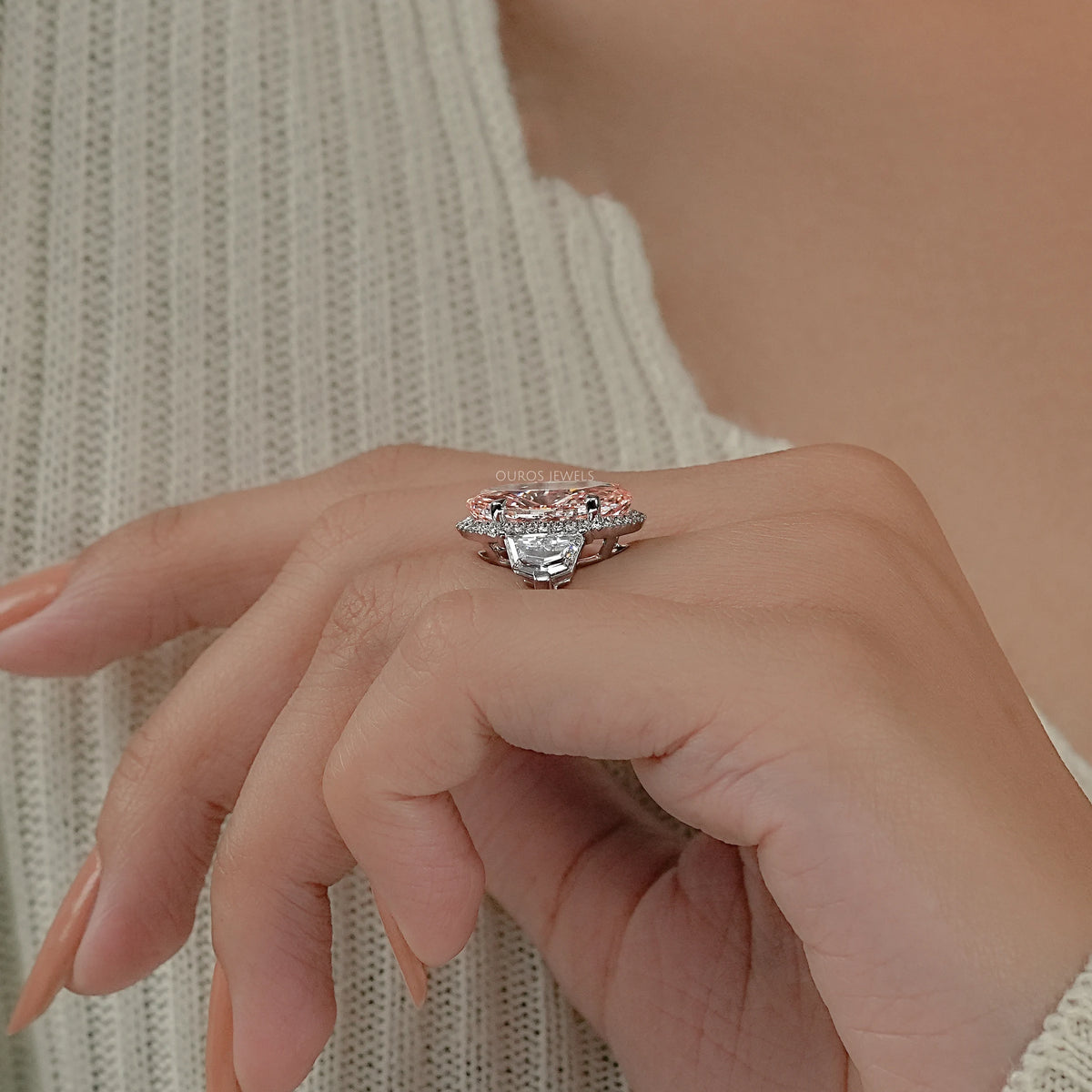 Intense Pink Oval Three Stone Engagement Ring Ring