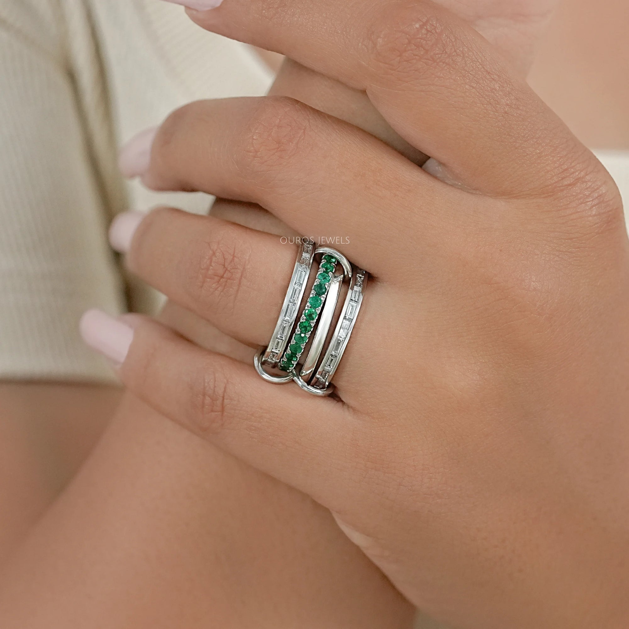 Interlink Natural Round Gemstone Wedding Band