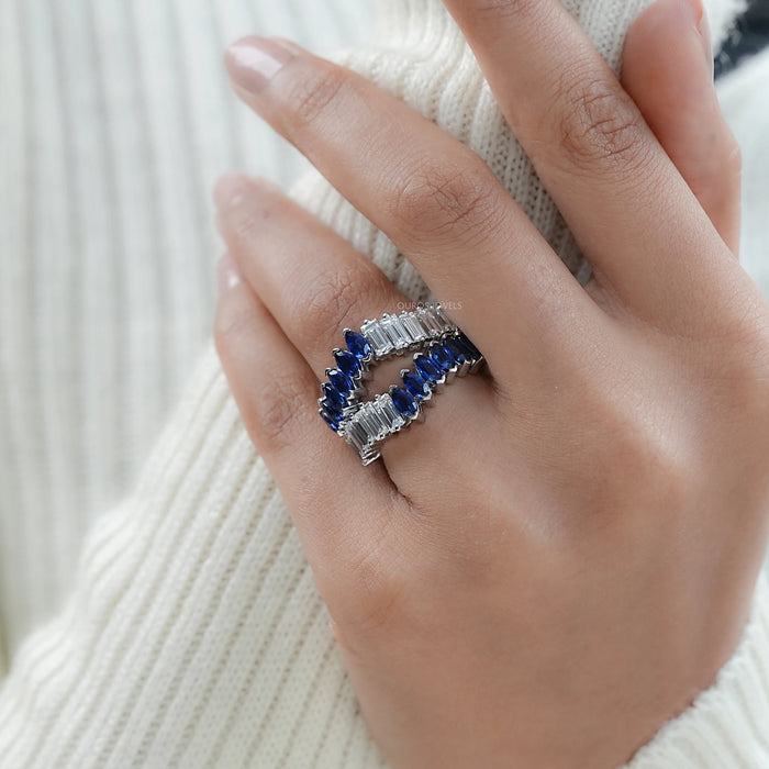 Blue Sapphire Marquise And Emerald Cut Diamond Ring Enhancer
