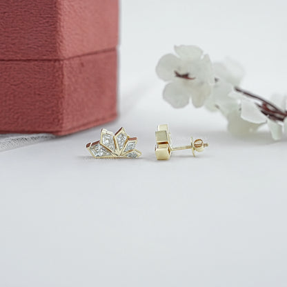 Step Cut Kite Half Bezel Fan Shape Stud Earrings