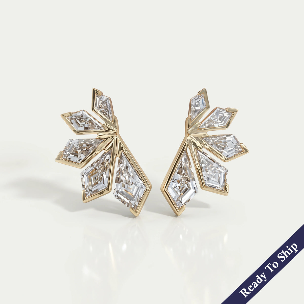 Step Cut Kite Half Bezel Fan Shape Stud Earrings