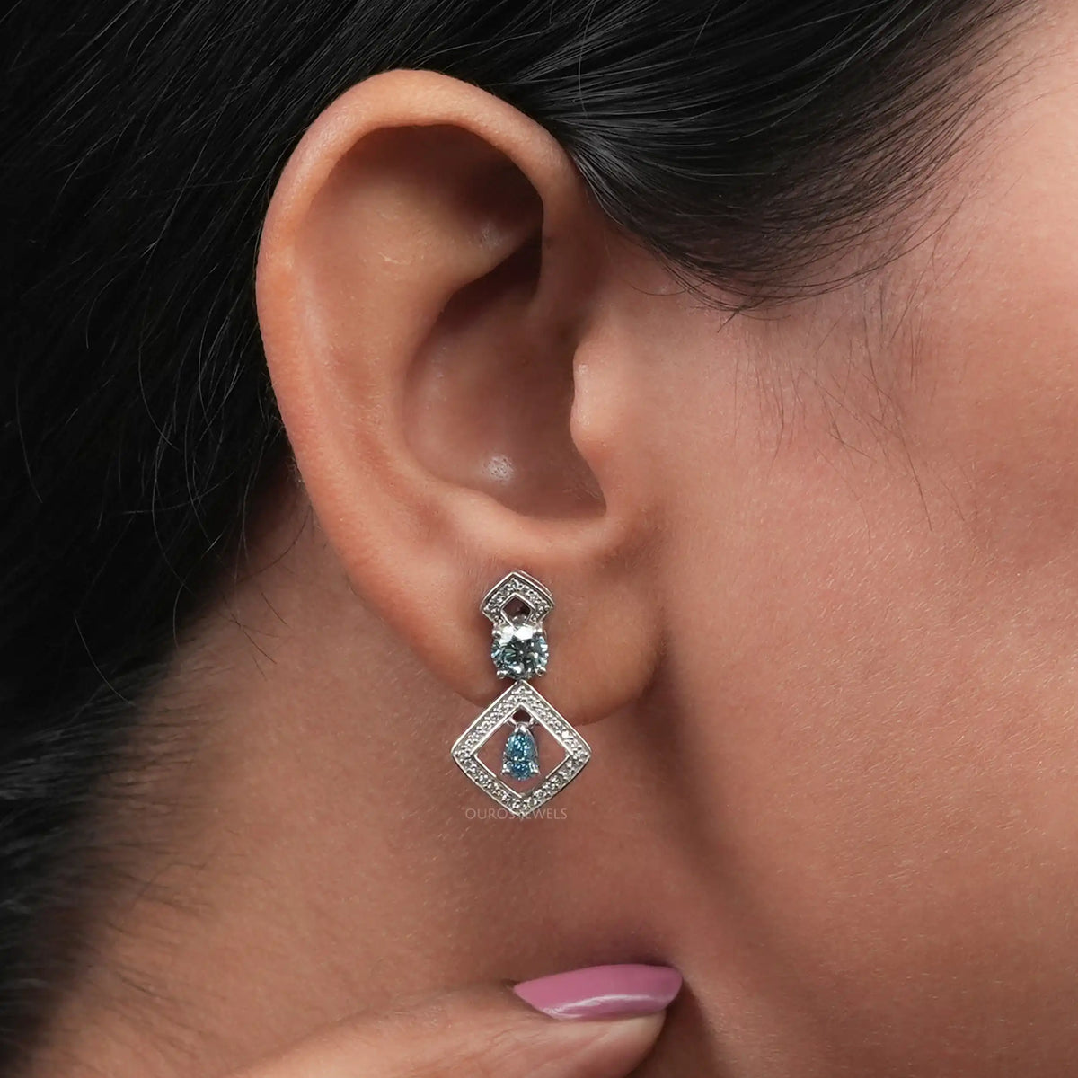 Blue Round With Pear Diamond Drop Earrings Earrings