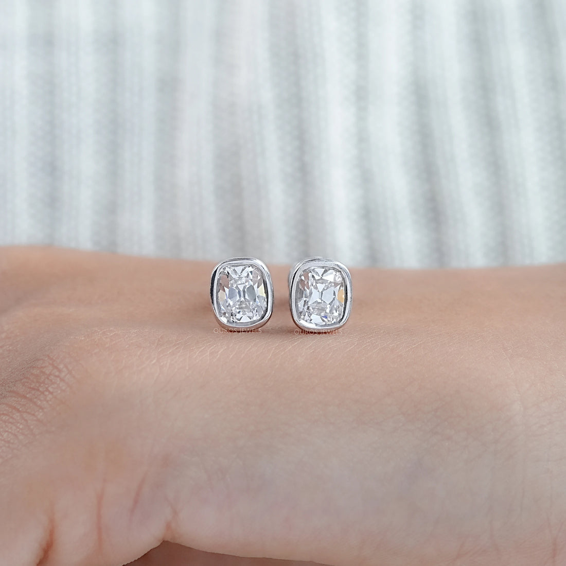Old Mine Cushion Diamond Bezel Set Stud Earrings Earrings