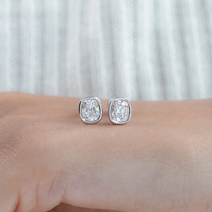 Old Mine Cushion Diamond Bezel Set Stud Earrings Earrings