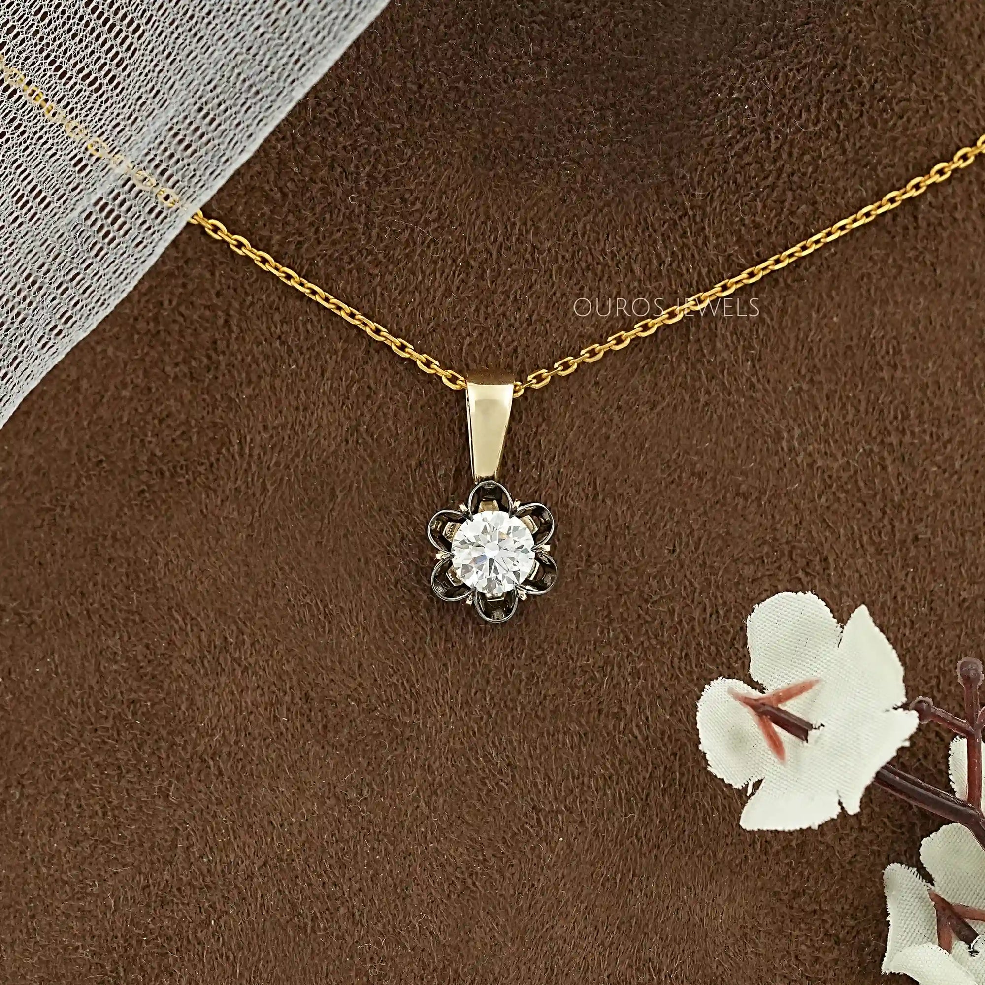 Round Lab Diamond Black Coated Flower Pendant