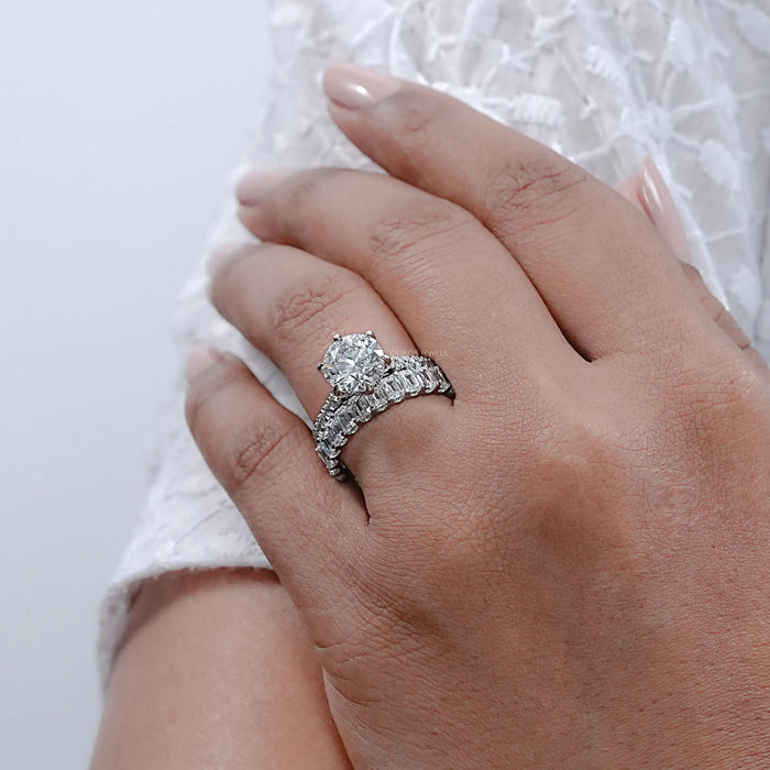 Round Lab Diamond Solitaire Ring With Half Eternity Band Bridal Ring Set
