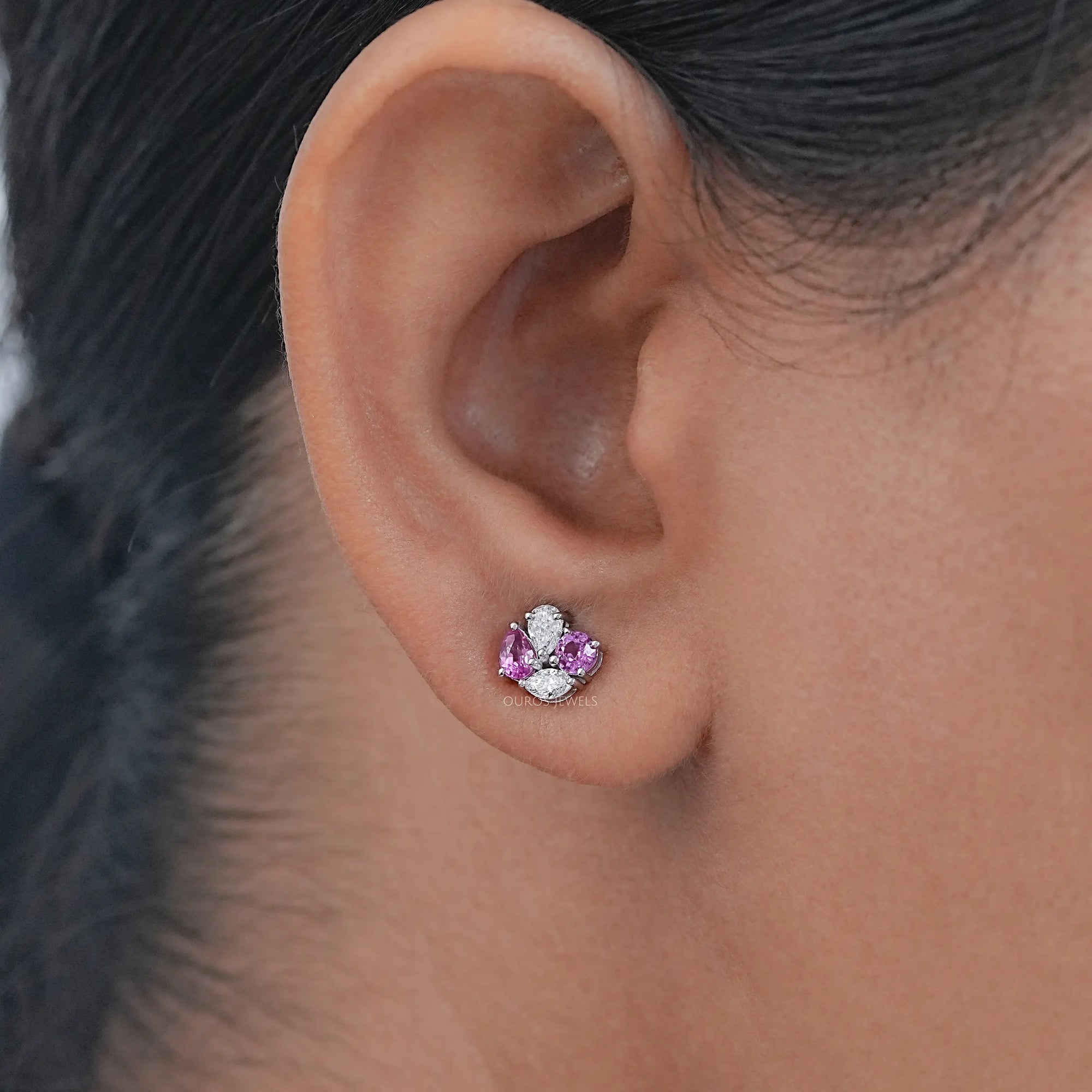 Pink Pear And Round Diamond Cluster Earrings Earrings