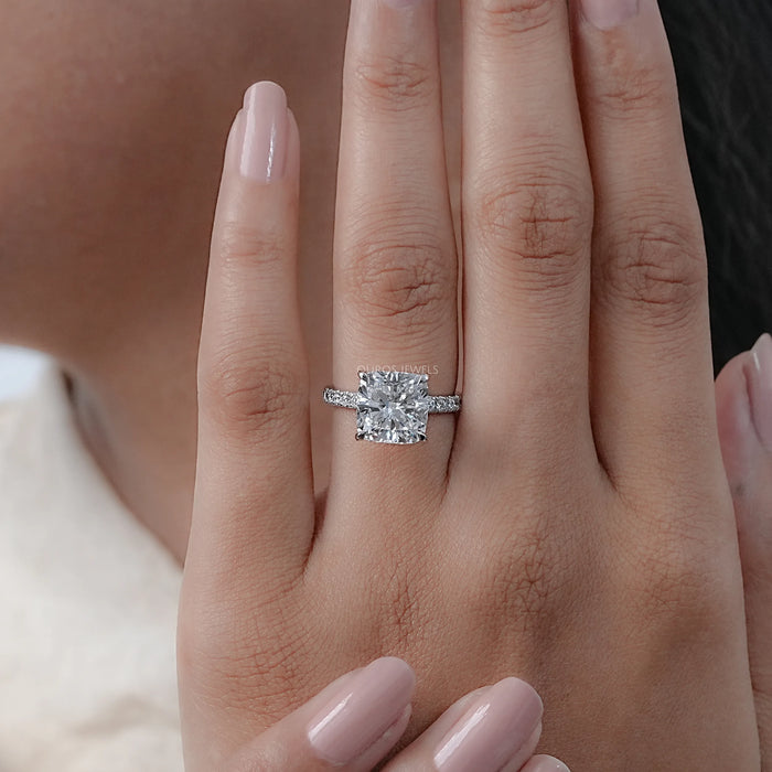 4 Ct Cushion Cut Lab Diamond Ring With Hidden Halo