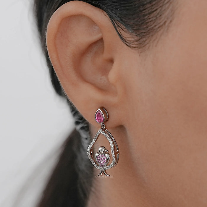 Bezel Set Pink Pear Cut Gemstone Dangle Bird Earrings