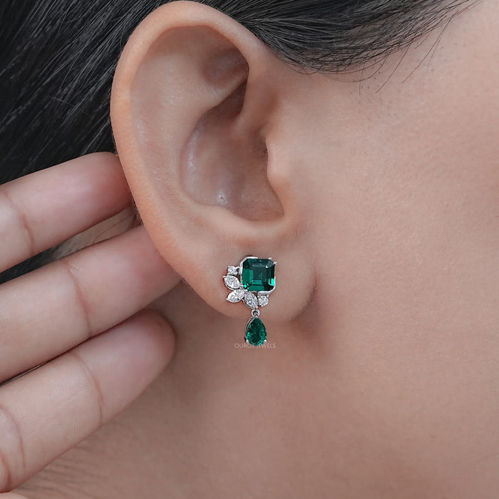 Green Asscher Gemstone And Marquise Diamond Drop Earrings