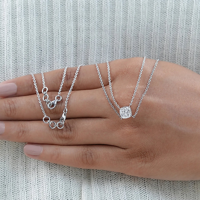 Cushion Cut Lab Diamond Solitaire Pendant With 2 Layer Chain Necklace 