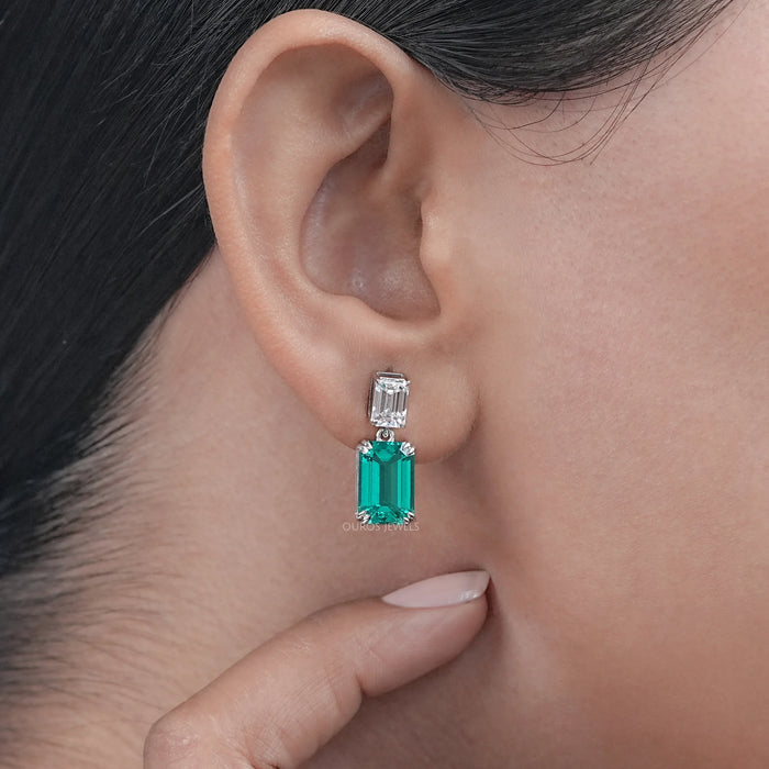 Two Stone Green Emerald Gemstone Drop Earrings