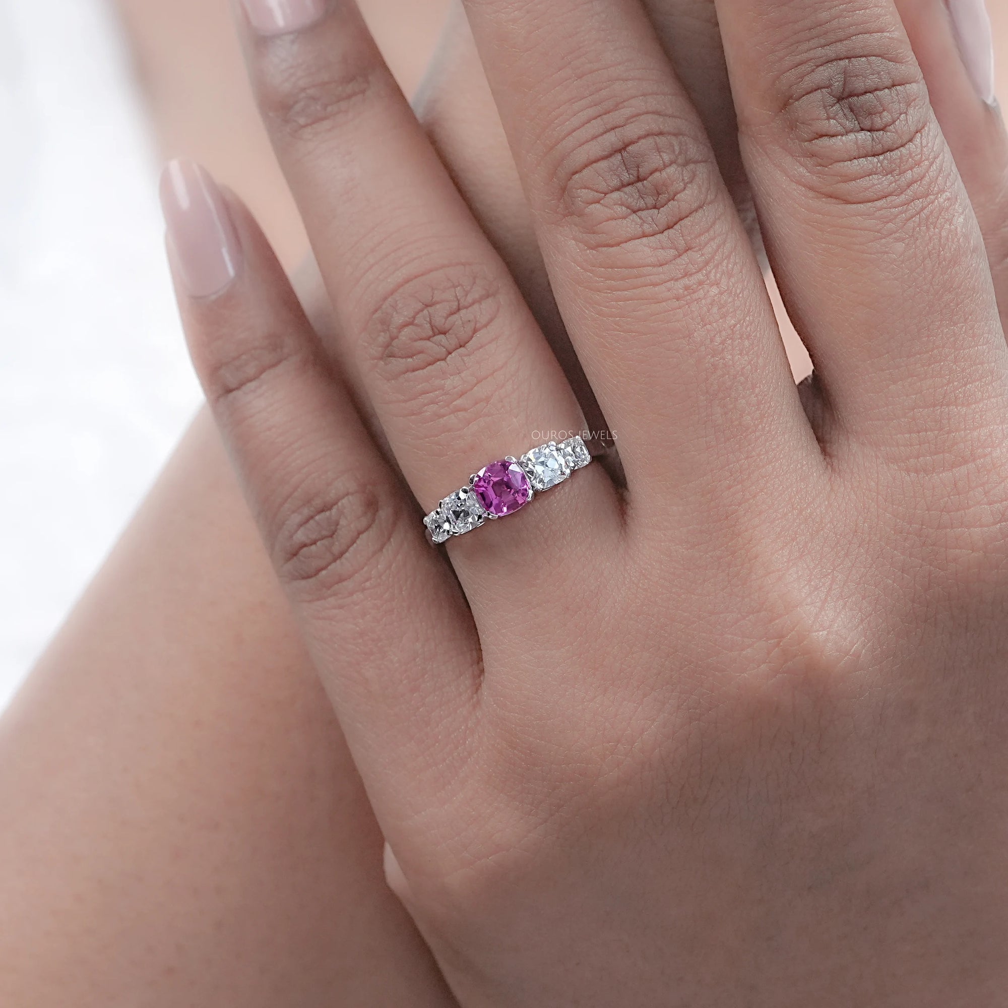 Five Stone Pink Square Cushion Cut Engagement Ring