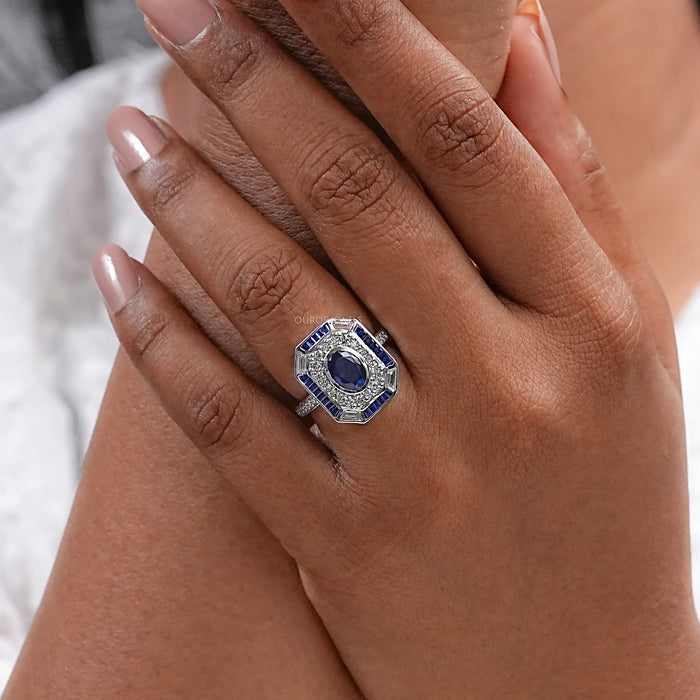 Sapphire Oval And Baguette Diamond Engagement Ring