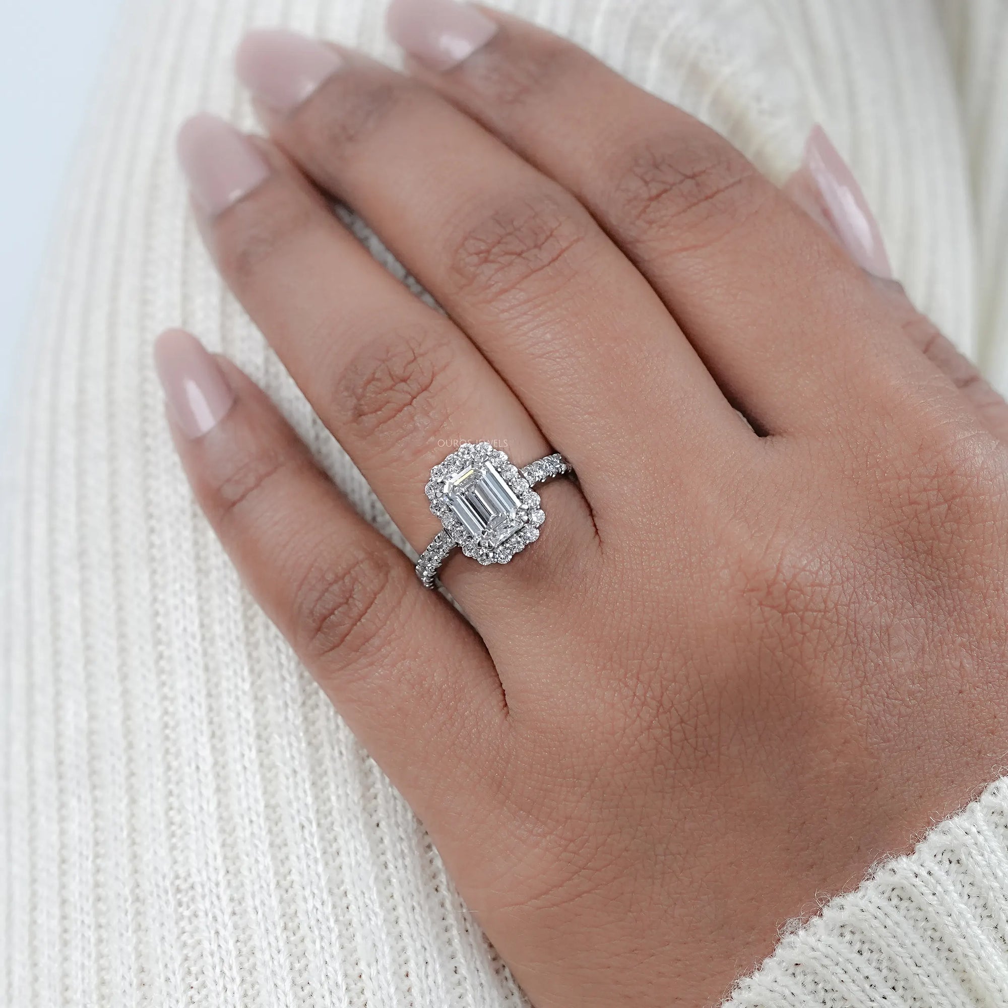 Emerald Cut Halo Accent Diamond Engagement Ring Ring