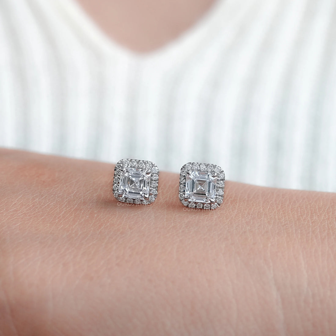Asscher Lab Diamond Halo Stud Earrings Earring