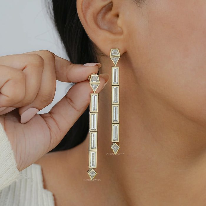Multi Shape Lab Grown Diamond Bezel Set Linear Drop Earring 