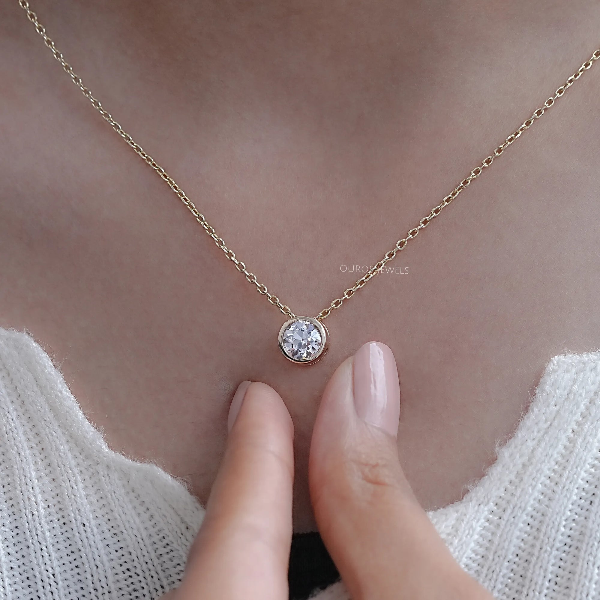 Old European Round Lab Diamond Solitaire Bezel Pendant Necklaces