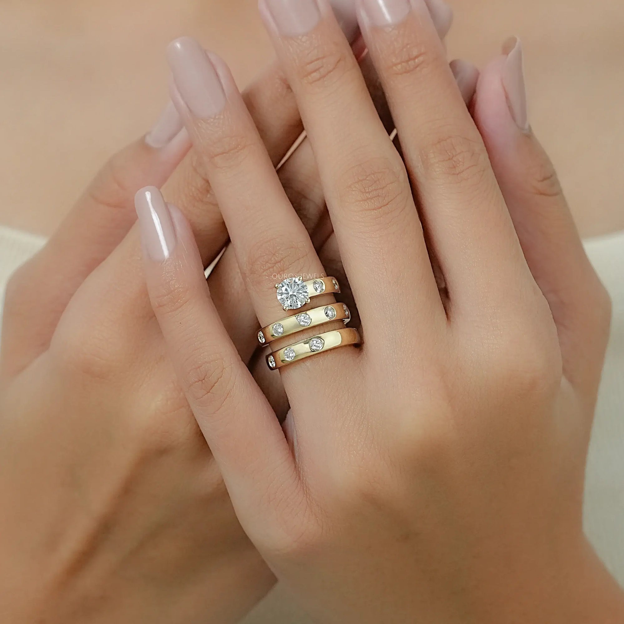 Double Row Connector Round Cut Lab Diamond Wedding Ring 